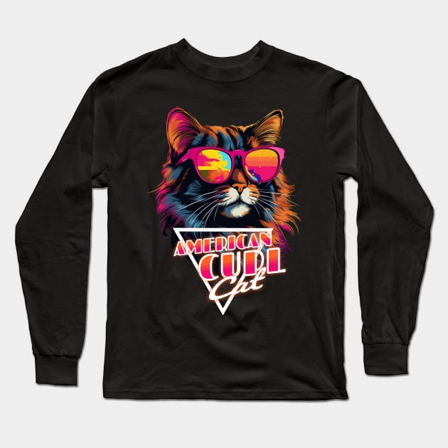 Retro Wave American Curl Cat Miami Shirt Long Sleeve T-Shirt by Miami Neon Designs